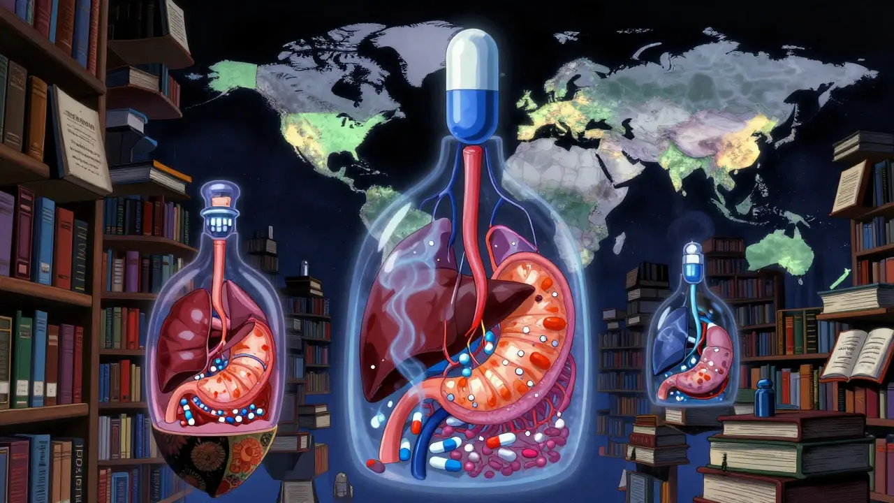 Floating drug books open to reveal glowing organs absorbing colored vapors, under a pill-shaped moon casting light on a world map.