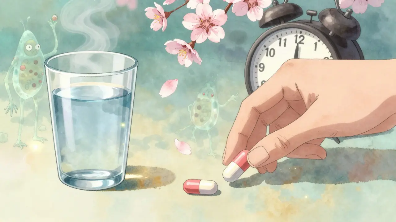 Morning ritual with probiotic and antibiotic pills at different times, cherry blossoms falling, glowing bacteria in steam.