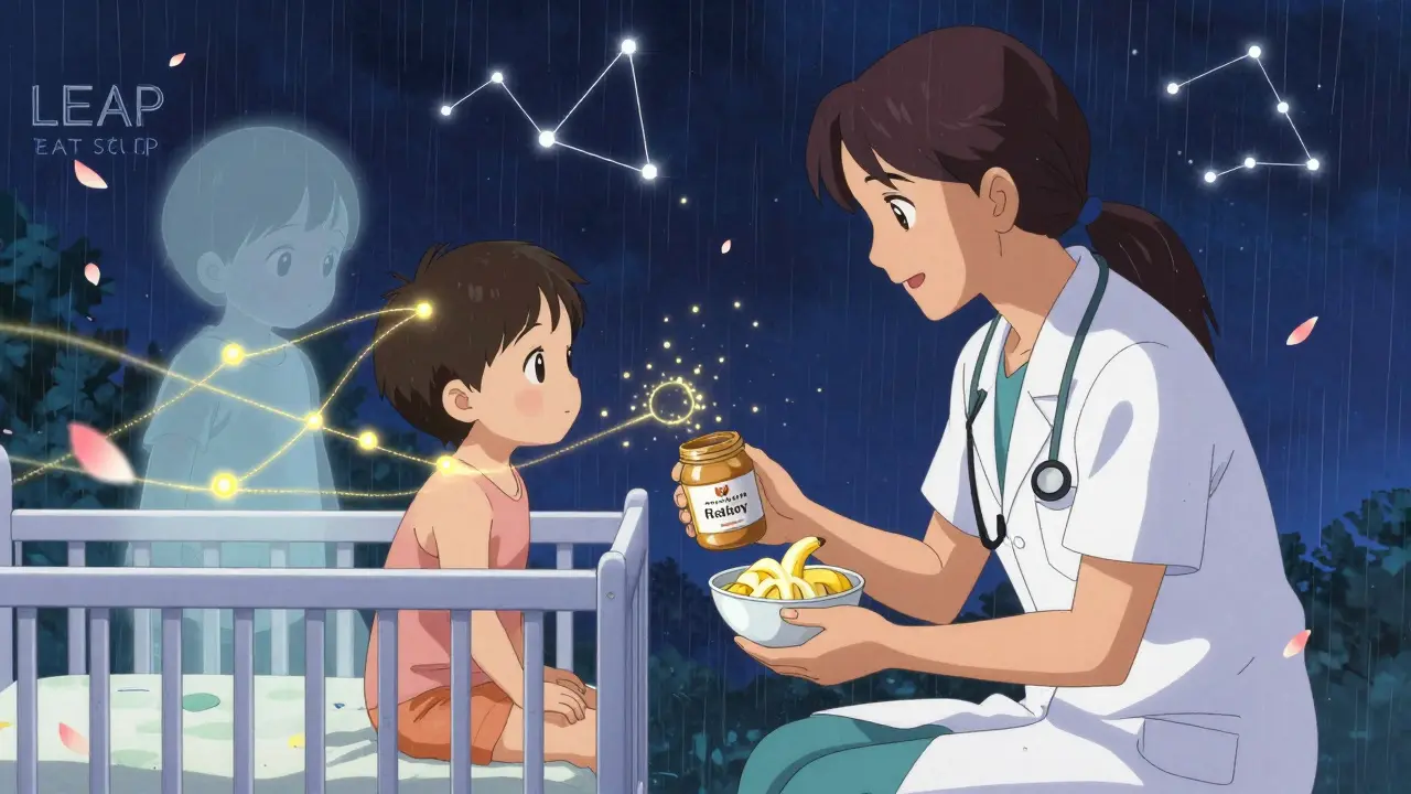 Parent and pediatrician feeding baby peanut mixture, with a spectral child growing behind them and golden immune threads in the air.