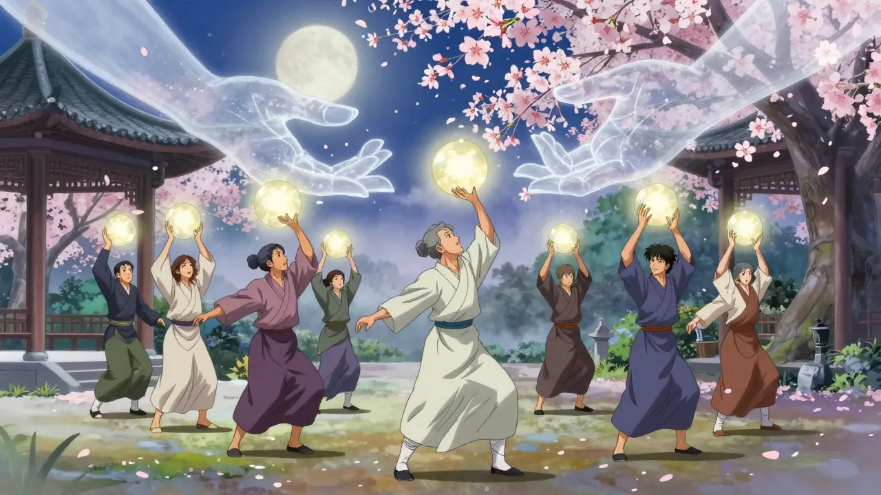 Seniors train together in a garden pavilion, lifting glowing orbs as stardust hands guide their movements.