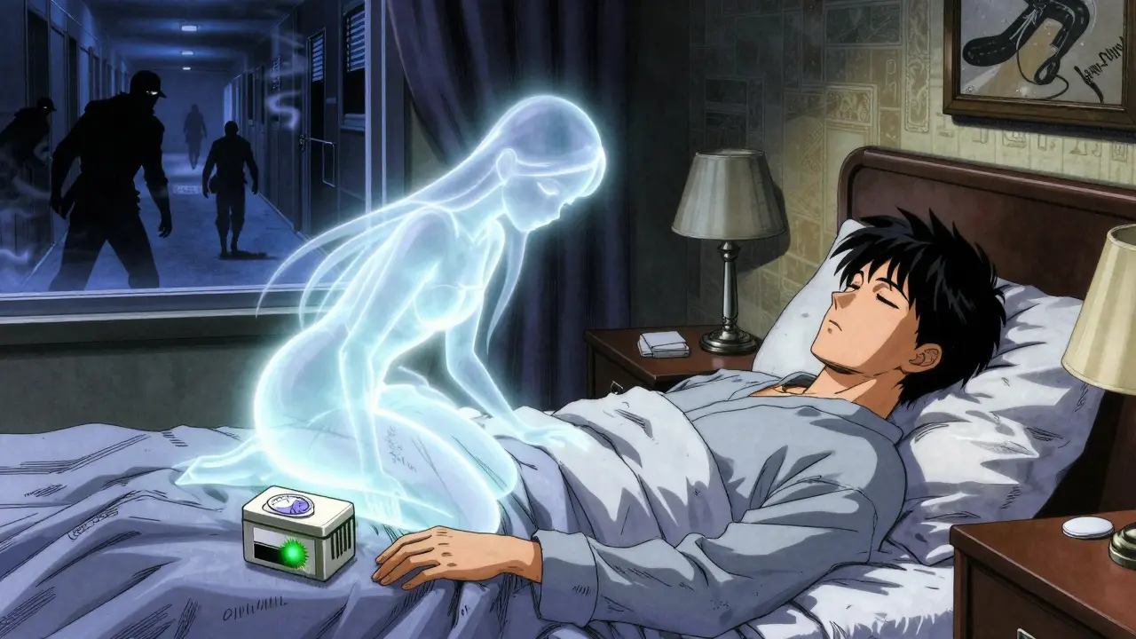 Sleeping traveler protected by a glowing spirit over discreet medication case in hotel room, thieves dissolving in smoke.