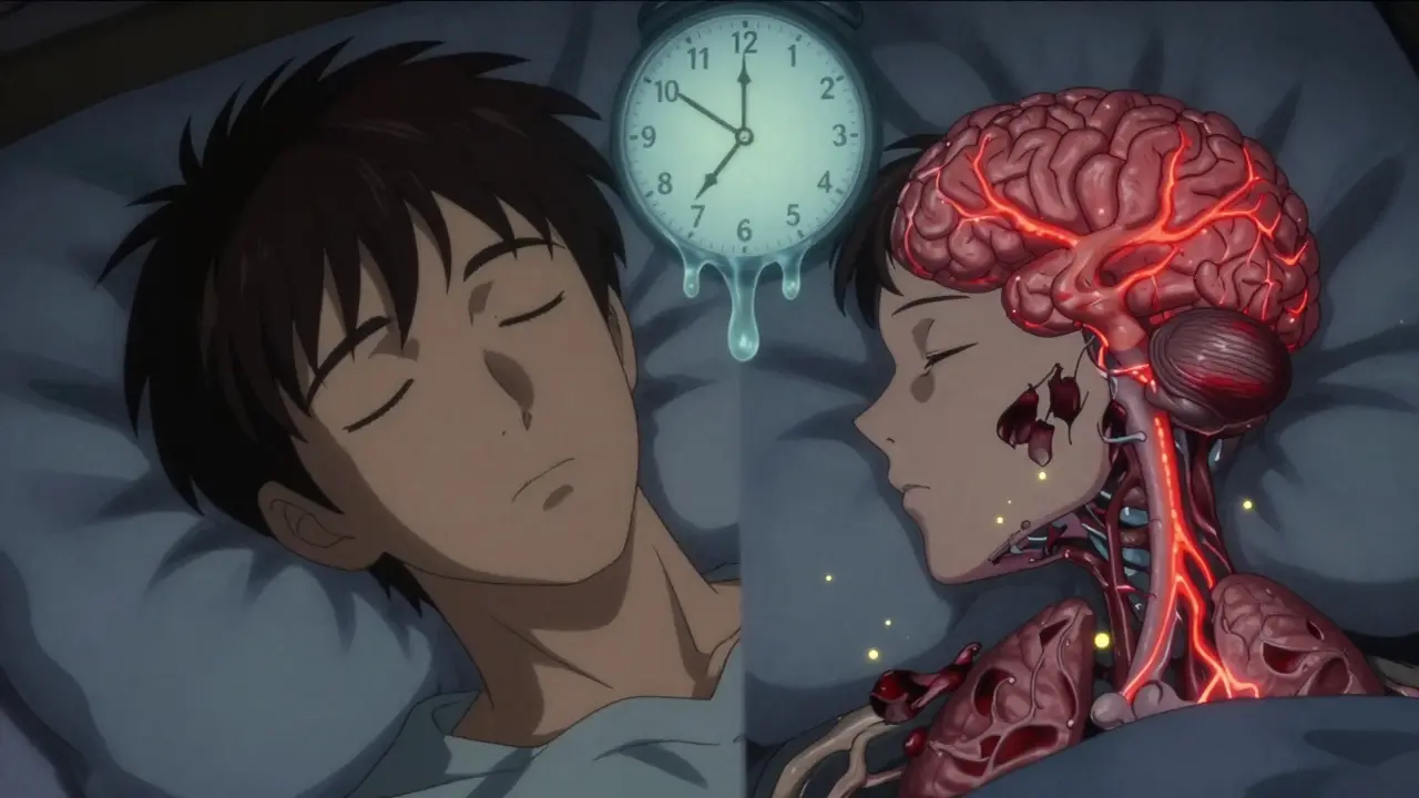 Split portrait showing a peaceful face and internal collapse of airways and neurons during opioid-induced apnea.