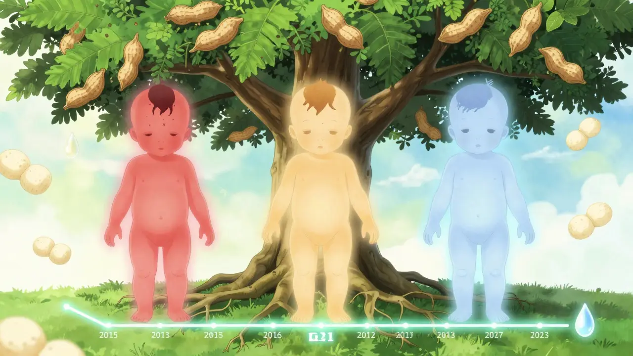 Three infants with colored auras beneath a peanut-pod tree, representing risk levels and declining allergy rates over time.
