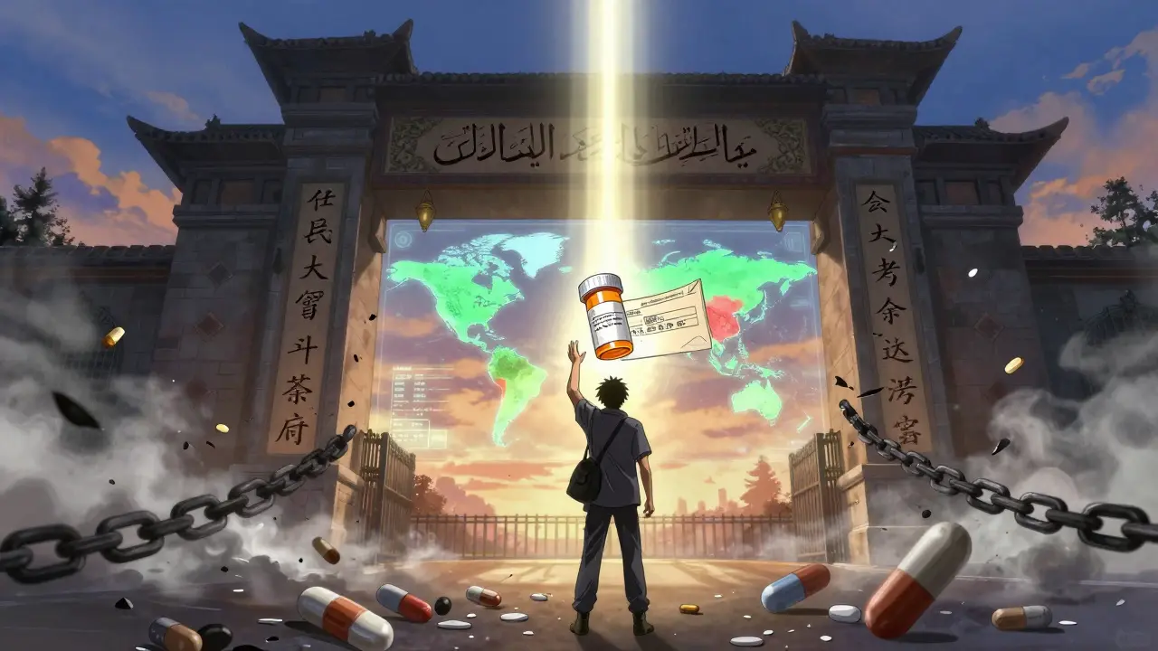 Traveler at international border with floating prescription and letter, holographic world map showing safe and banned zones.