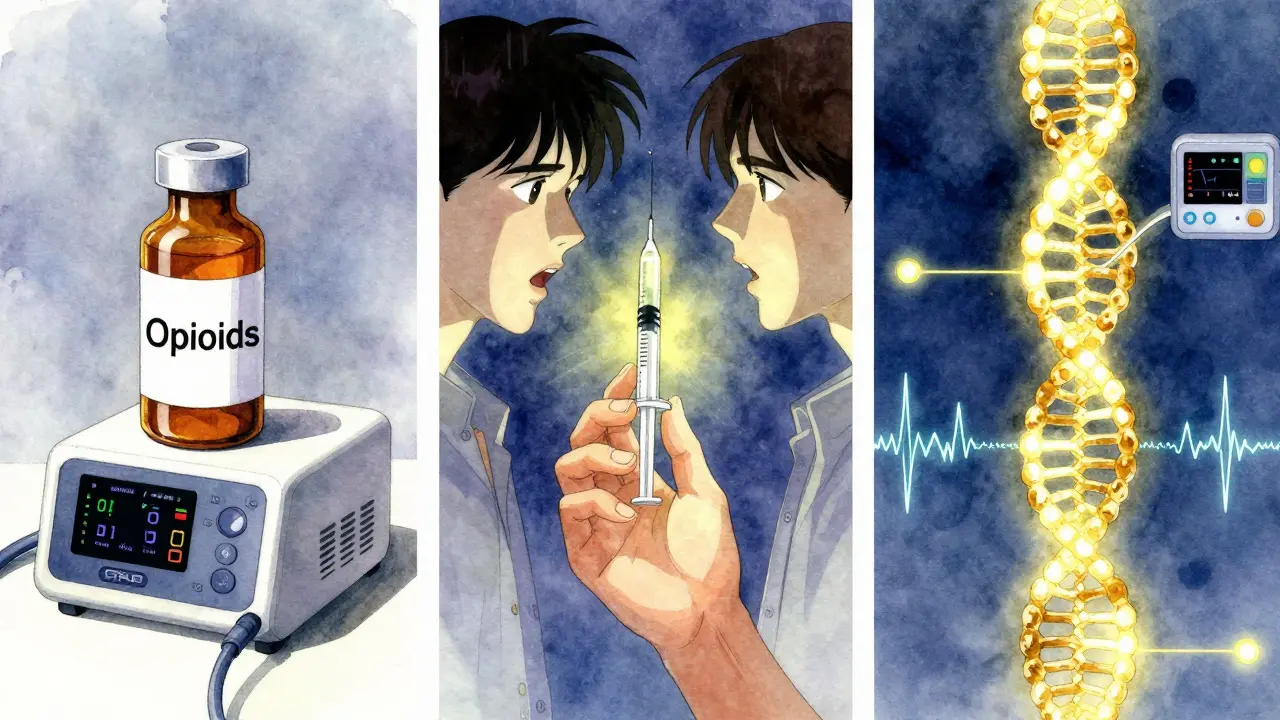 Triptych with opioids, naloxone, and genetic code, illustrating risk, rescue, and future alternatives.