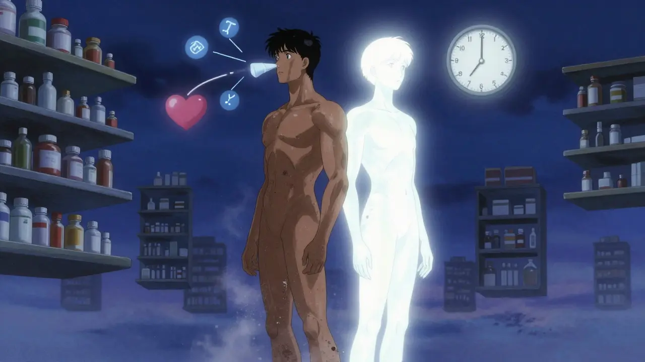 Two abstract forms representing loratadine and desloratadine, one fading, the other radiating lasting relief.