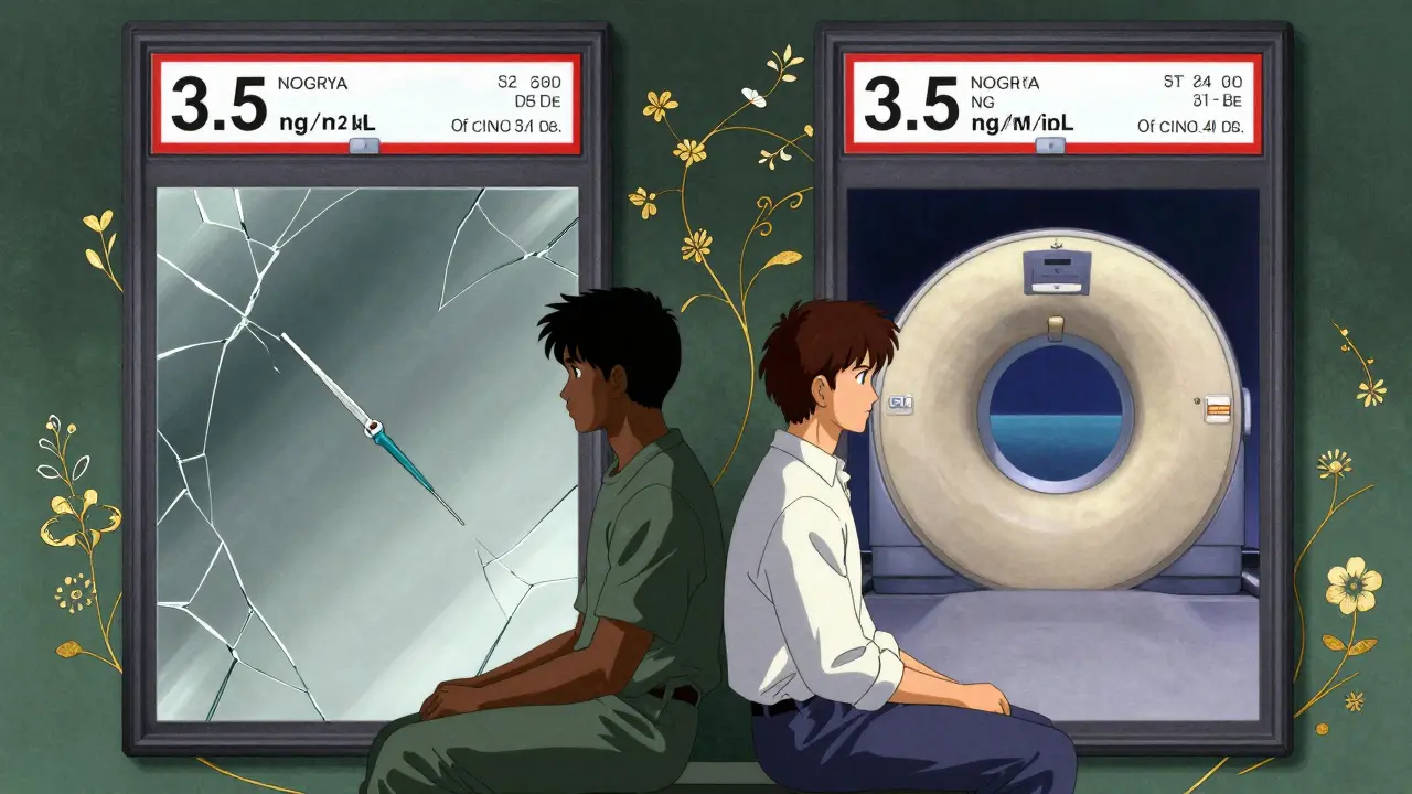 Two men under a fractured mirror showing different medical paths, symbolizing racial disparities in PSA testing.