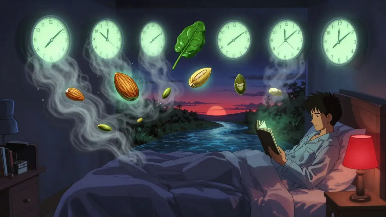 A bedroom at night where screens turn to ash and magnesium-rich foods glow, guiding a man toward restful sleep.