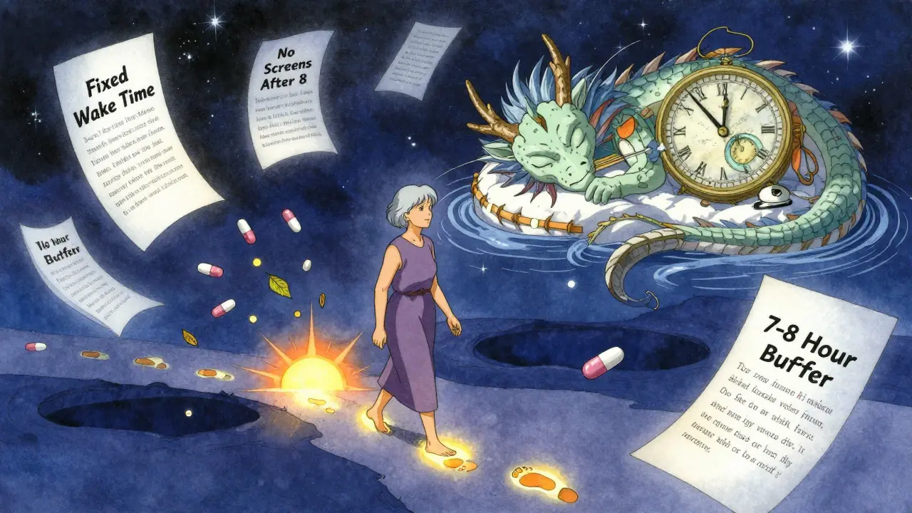 A cosmic path of sleep habits leading to a sleeping dragon, as pills fade into darkness under starlit skies.