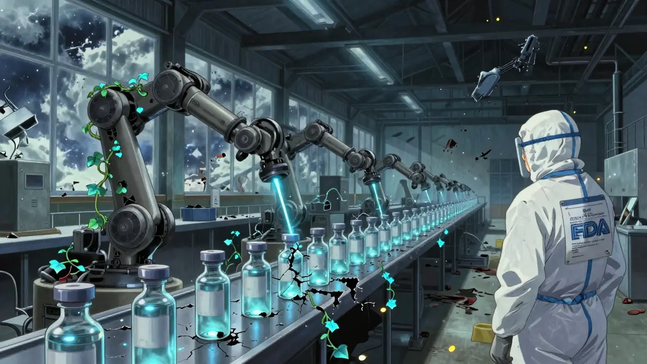 A crumbling overseas drug factory with frozen machinery and glowing vines symbolizing supply chain collapse under stormy skies.