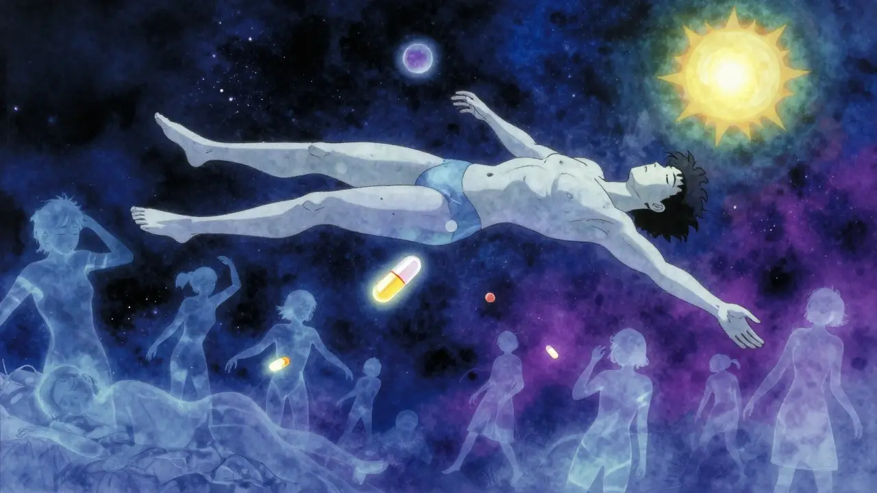A floating human form in space with pills drifting like stars, showing nighttime and morning dosing effects through glowing auroras.