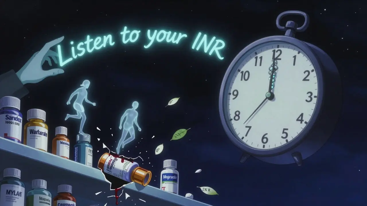 A floating medical clock with DNA hands above broken warfarin bottles, each releasing a patient spirit, under celestial script.