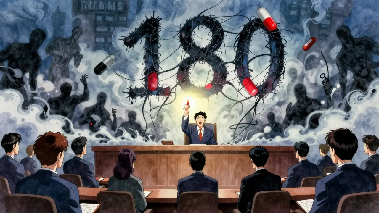 A lawyer holds a glowing pill as brand-name corporations dissolve into smoke, with the number 180 formed from unraveling patents.