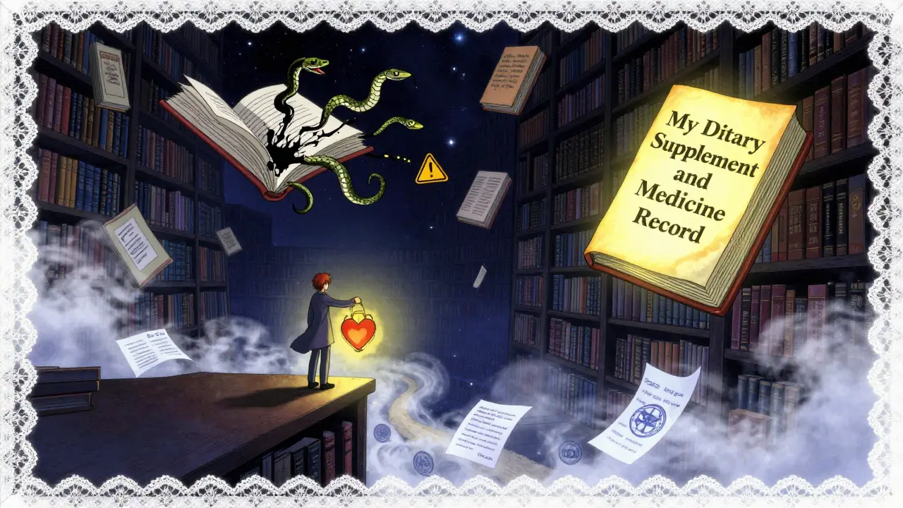 A lone figure with a heart-shaped lantern stands before a floating library of supplement books, one bursting into warning signs amid starlit mist.
