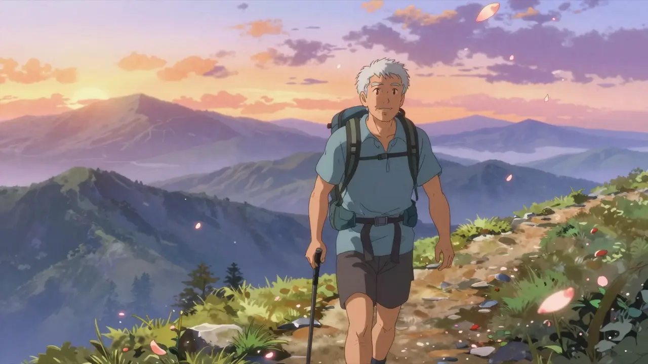 A man hiking a mountain trail at sunrise with ethereal glow and floating petals
