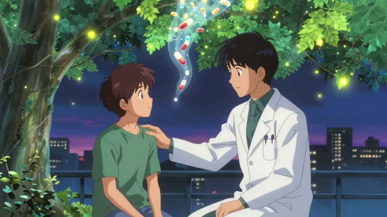 A patient and doctor sit together as floating pills of different types drift upward like fireflies, symbolizing choices in medication and cost savings.