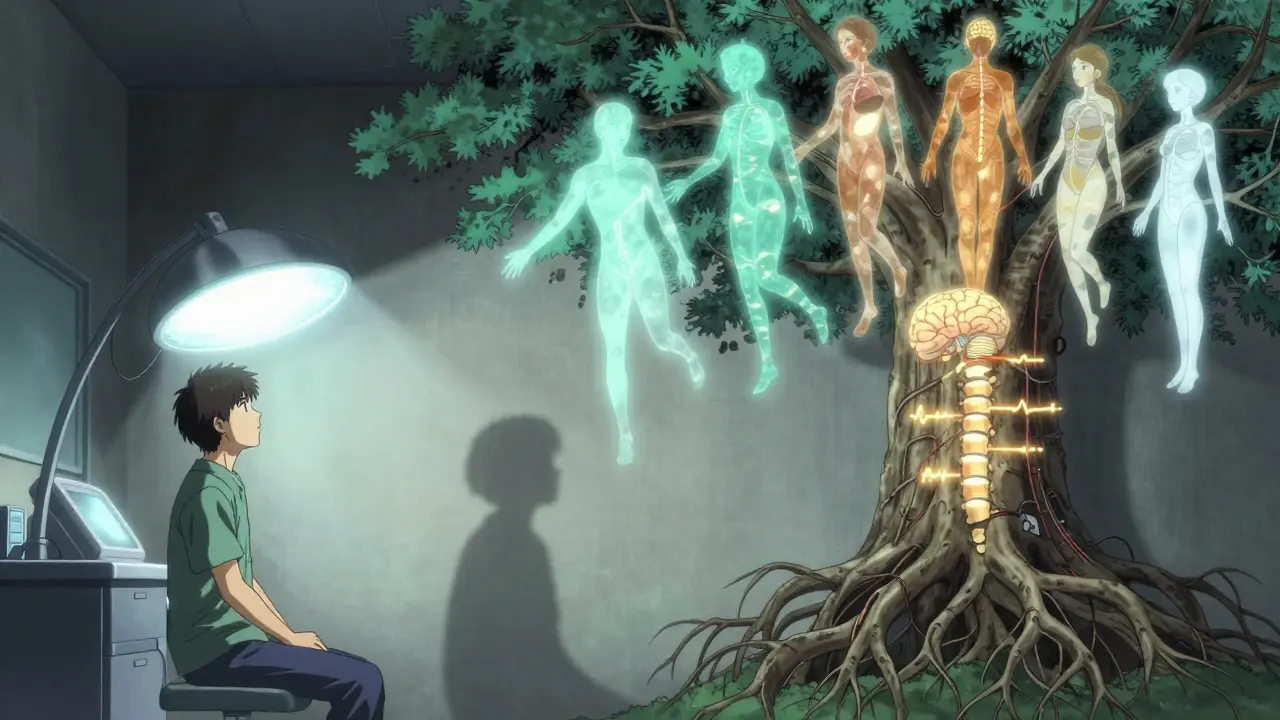 A patient receives light therapy as their shadow forms a tree with biological rhythms glowing in sync with the light.