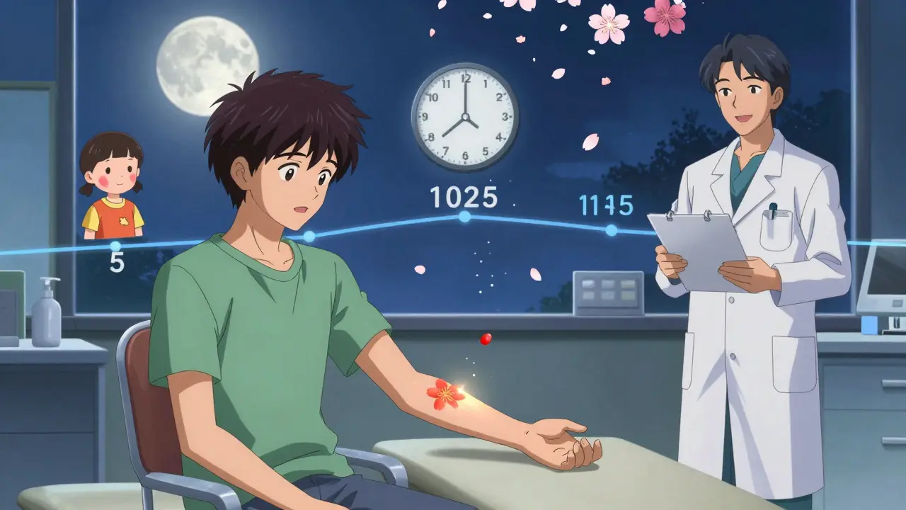 A patient receiving a penicillin skin test in a moonlit clinic, with a timeline showing childhood rash fading over 10 years.