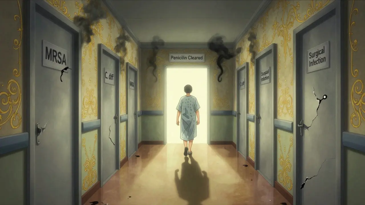A patient walking toward a glowing door labeled 'Penicillin Cleared' down a corridor of infection-themed doors.