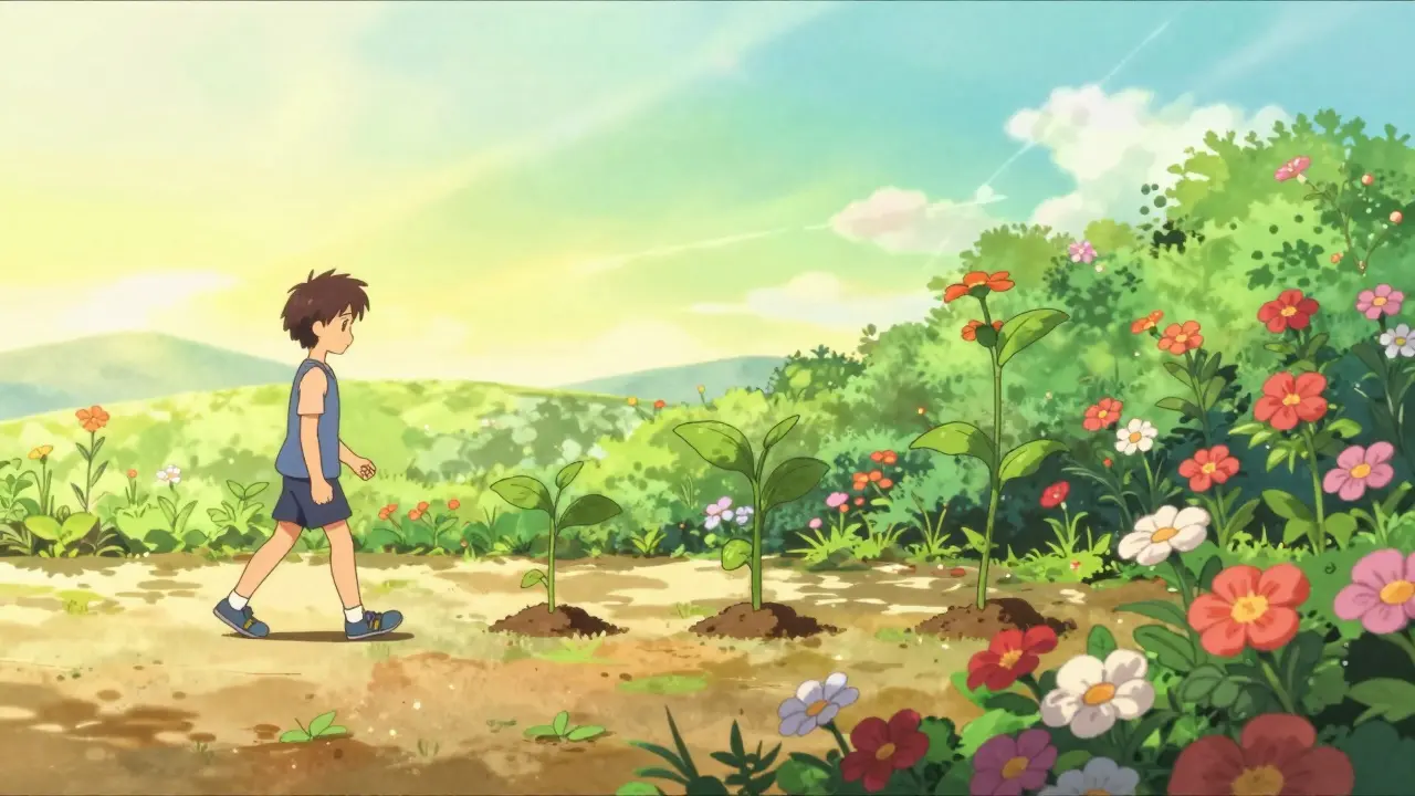 A person walking with a growing seedling symbolizing gradual exercise progress