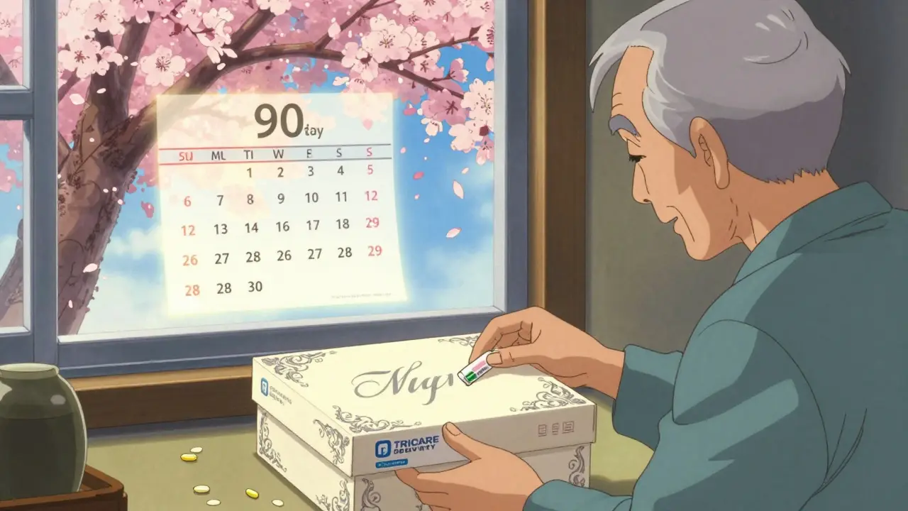 A retiree opens a TRICARE home delivery package with a  copay, surrounded by blossoming calendar petals.