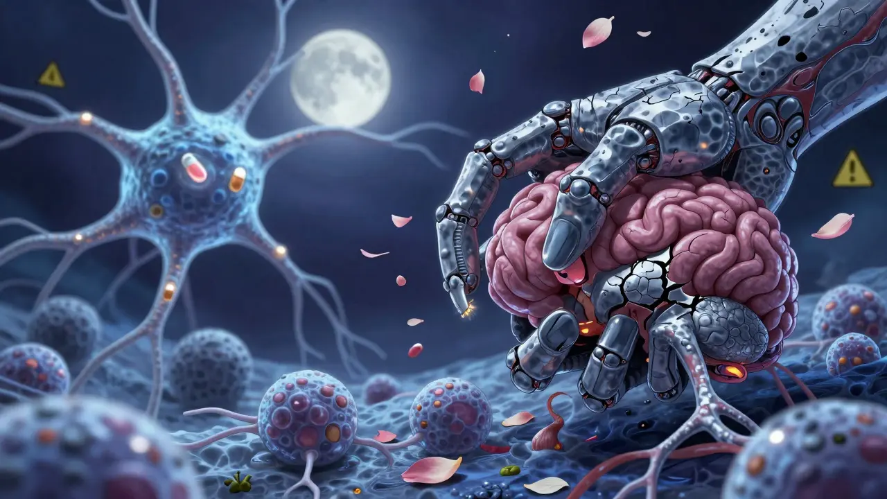 A serene neuron beside twisted basal ganglia being gripped by a mechanical hand, with medicinal petals drifting in moonlit indigo.