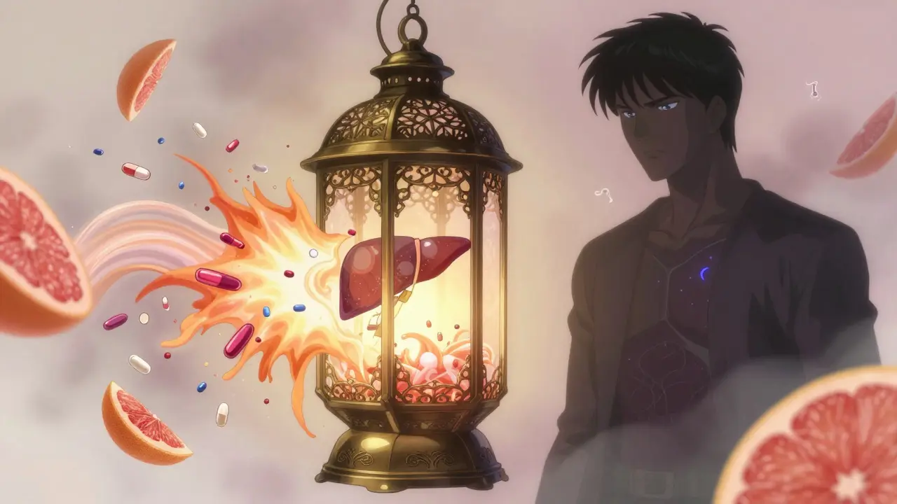 An ornate liver lantern processing drug particles, with glowing genetic markers and grapefruit fragments floating in misty pastels.