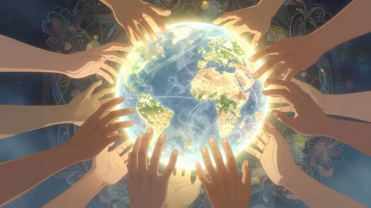 Diverse hands reaching toward glowing globe symbolizing global HIV access.