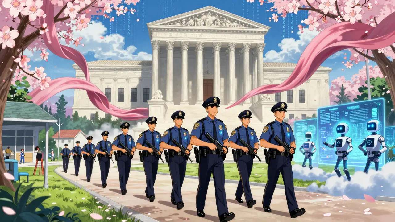 Retired officers walking through dissolving state borders, their guns glowing, as a floating courthouse looms above them.