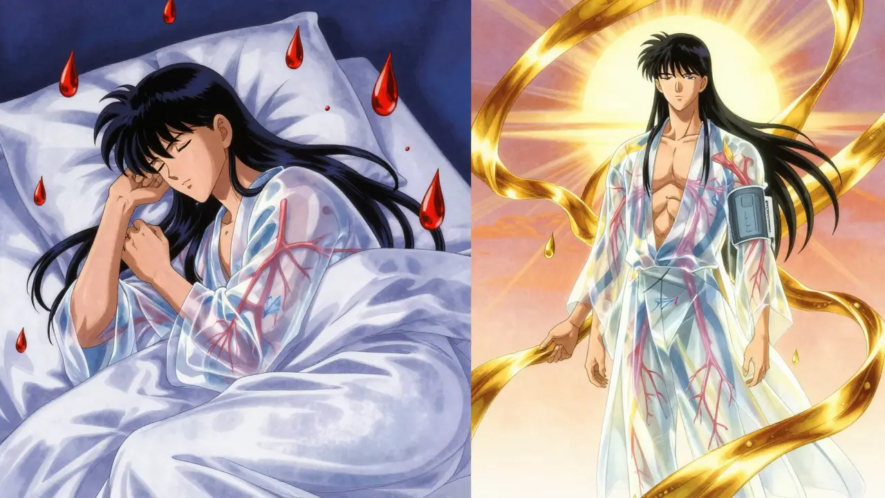 Two figures at dawn: one dazed from morning dosing, the other calm from nighttime dosing, surrounded by symbolic fluid patterns.