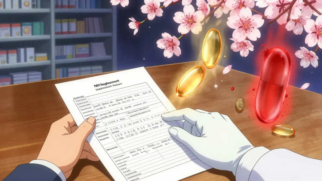 Two hands reaching across a table—one holding a supplement record form, the other a doctor’s hand—while floating supplements glow in gold and crimson.