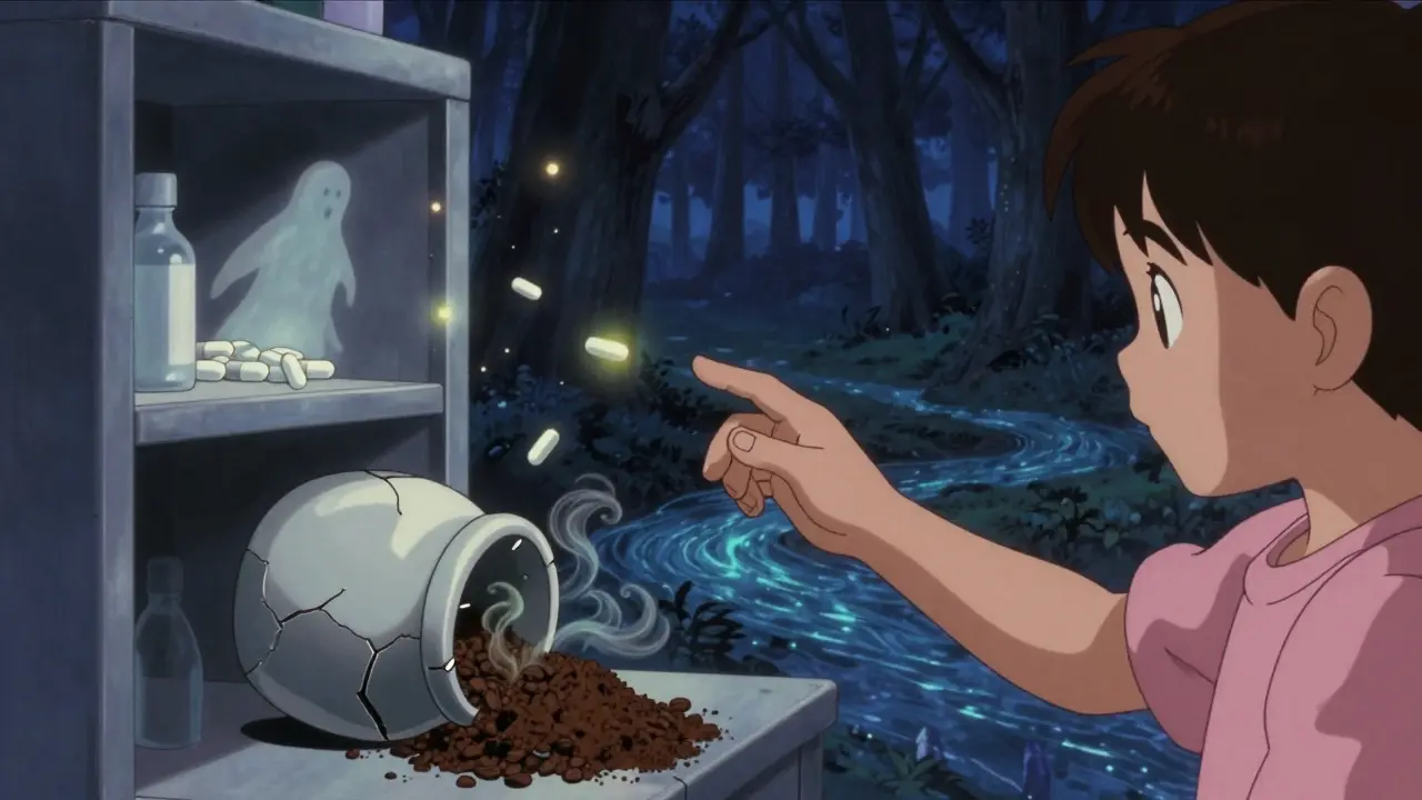 A child's hand reaching for a cabinet as ghostly drug molecules rise, replaced by living earth spirits below.