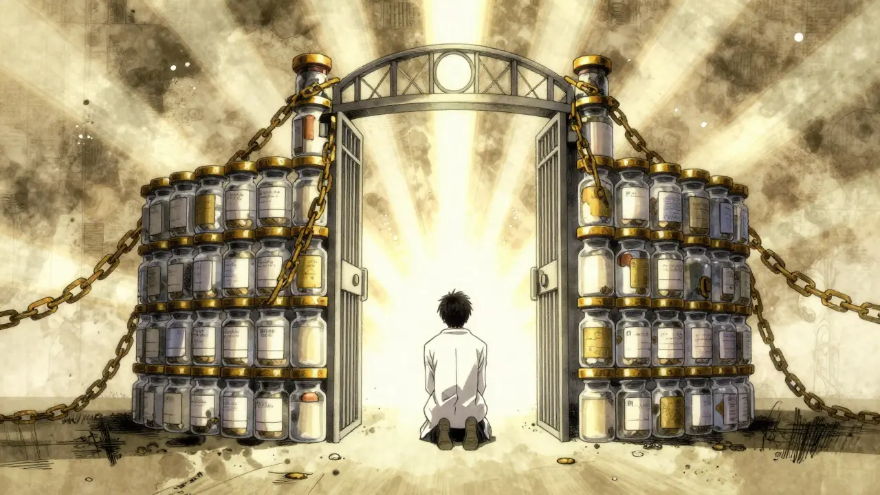 A figure kneeling before a giant gate of sealed vials with hanging chains blocking healing light.