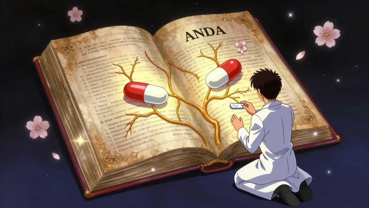 A generic drug developer beside a glowing ANDA book, with two identical pills connected by golden vines under starlit cherry blossoms.