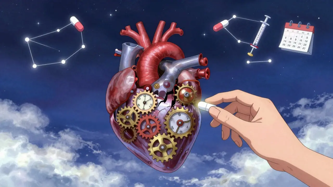 A heart made of clockwork gears with one missing, as a glowing pill is inserted to restore its rhythm.