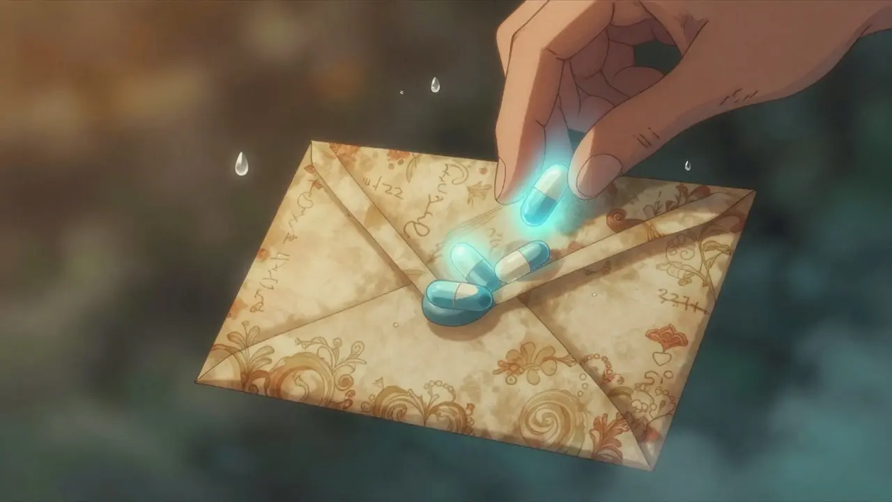A magical mail-back envelope floating with glowing pills, surrounded by evaporating water droplets.