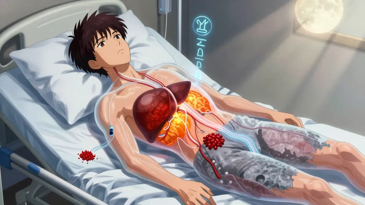 A patient's translucent body revealing a damaged liver, with medication pathways splitting into safe and dangerous flows.