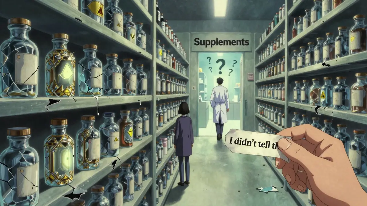 A patient at a crumbling shelf of herbal supplements, a doctor walking away, a torn label reading 'I didn't tell them.'