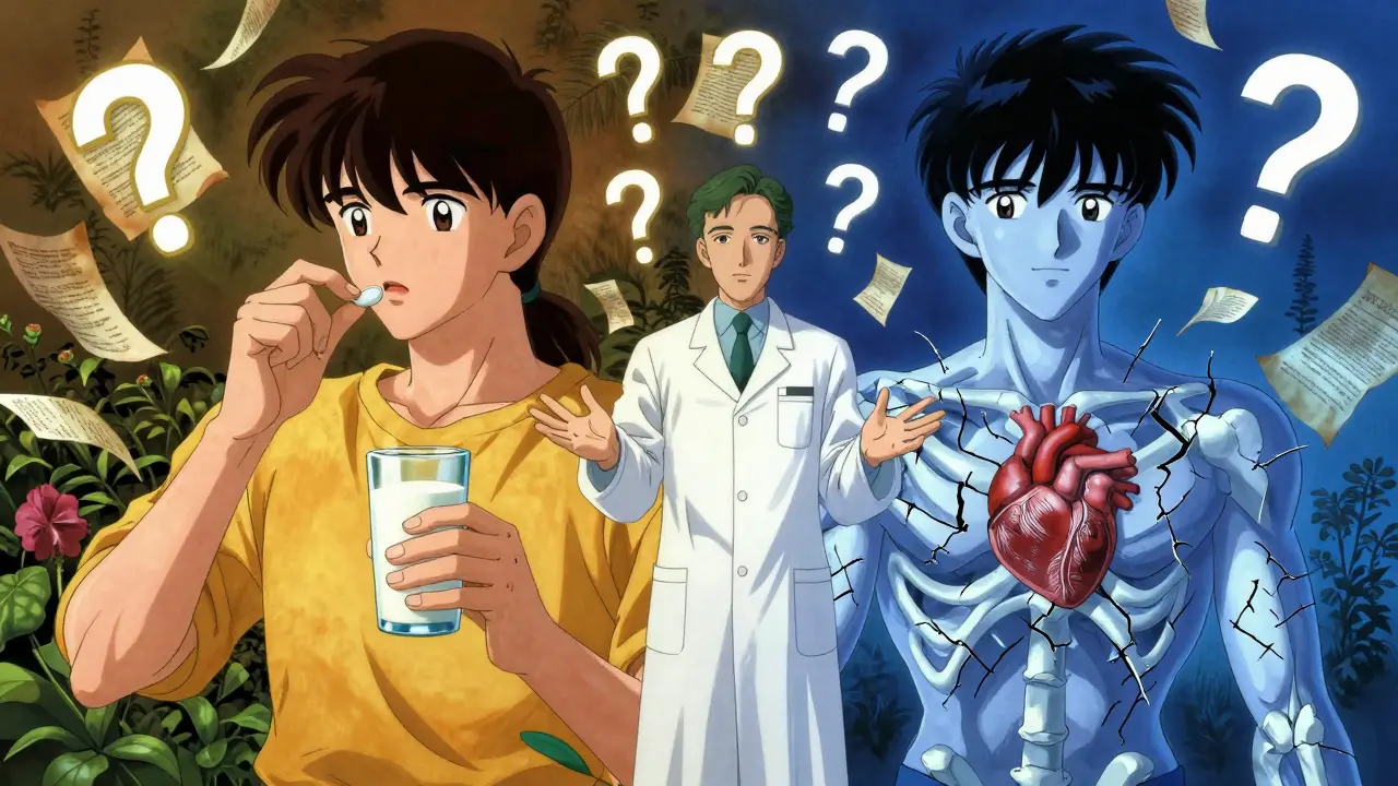 A person is split between two states—safe and at risk—with a pharmacist standing as a guardian between them, surrounded by symbolic elements.