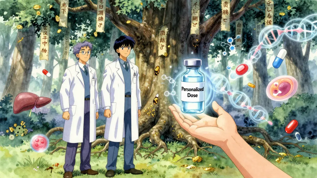 A pharmacist and doctor before a symbolic tree of drugs, with glowing vials and enzyme glyphs in a dreamlike forest.
