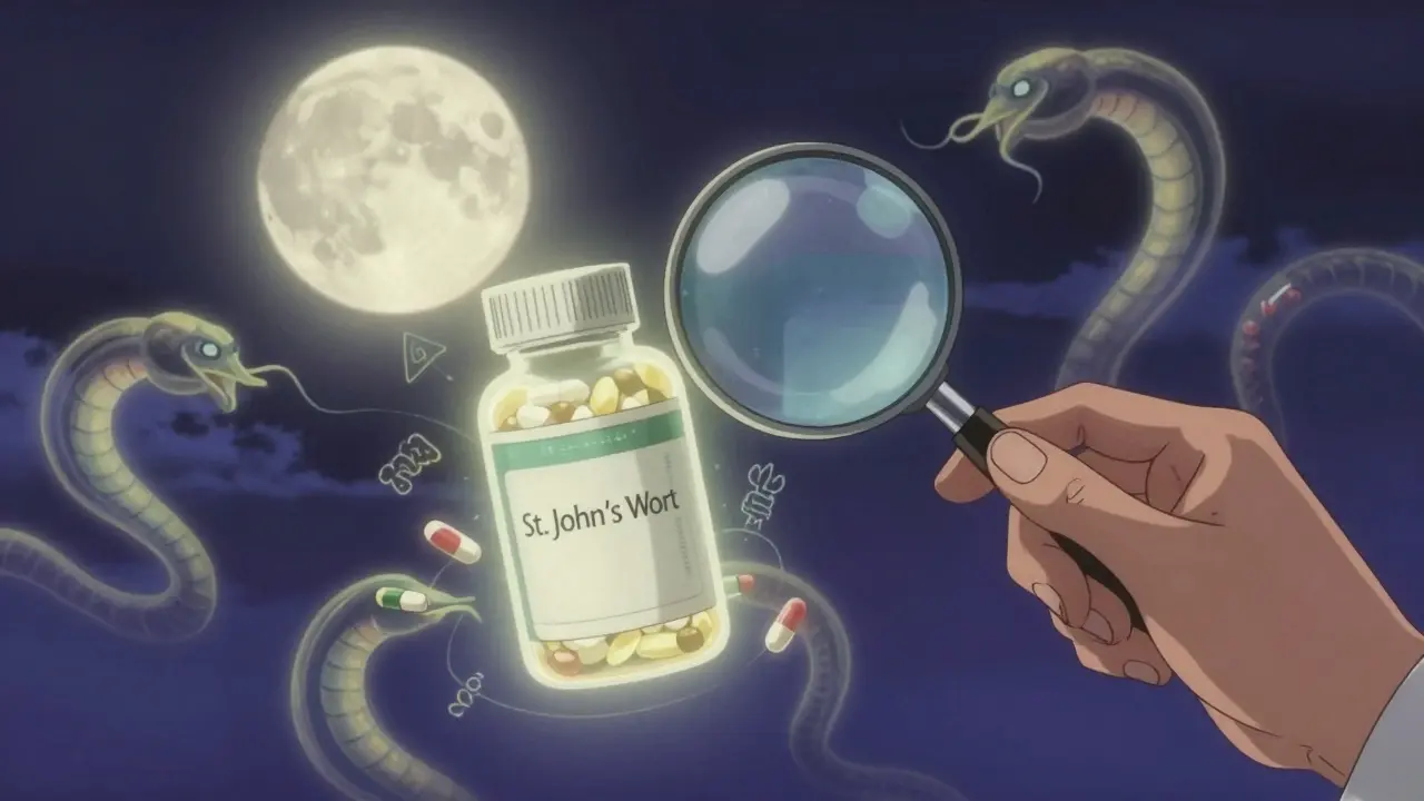 A pharmacist examines a supplement bottle as spectral warning vines of drug interactions coil around it in a mystical, ethereal setting.