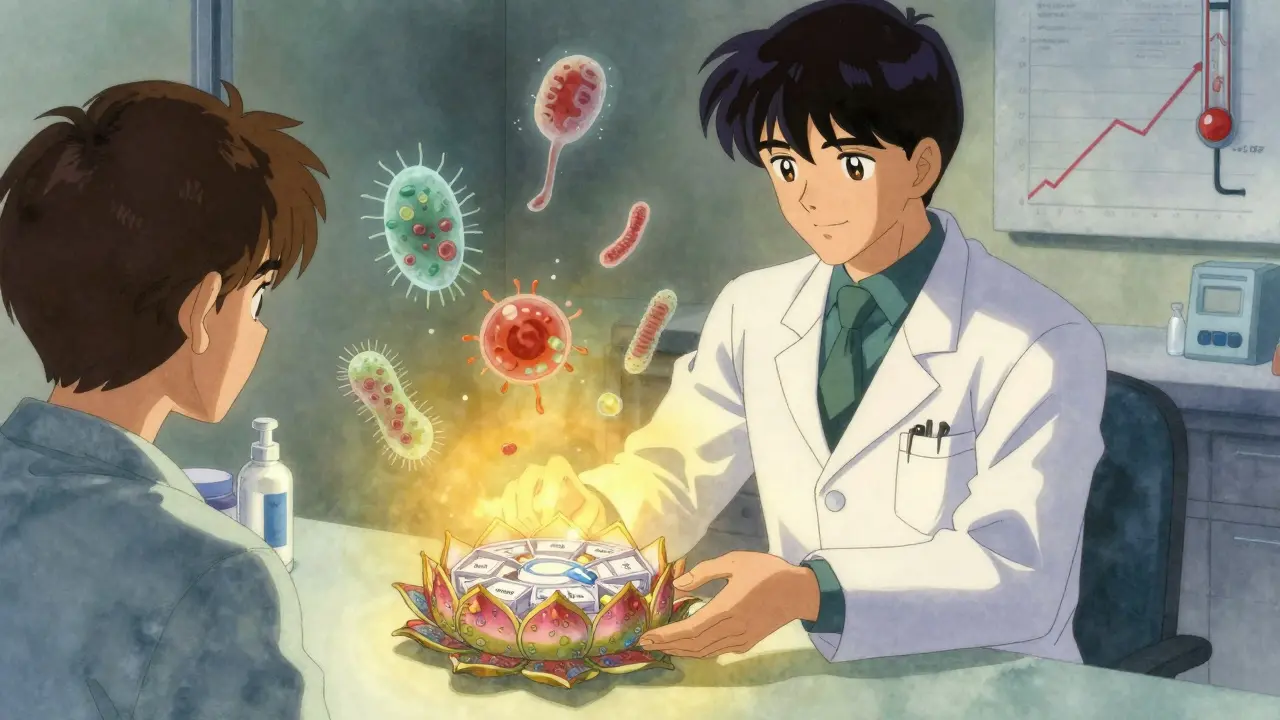 A pharmacist offering a lotus-shaped pill organizer to a patient, surrounded by protective light and medical symbols.