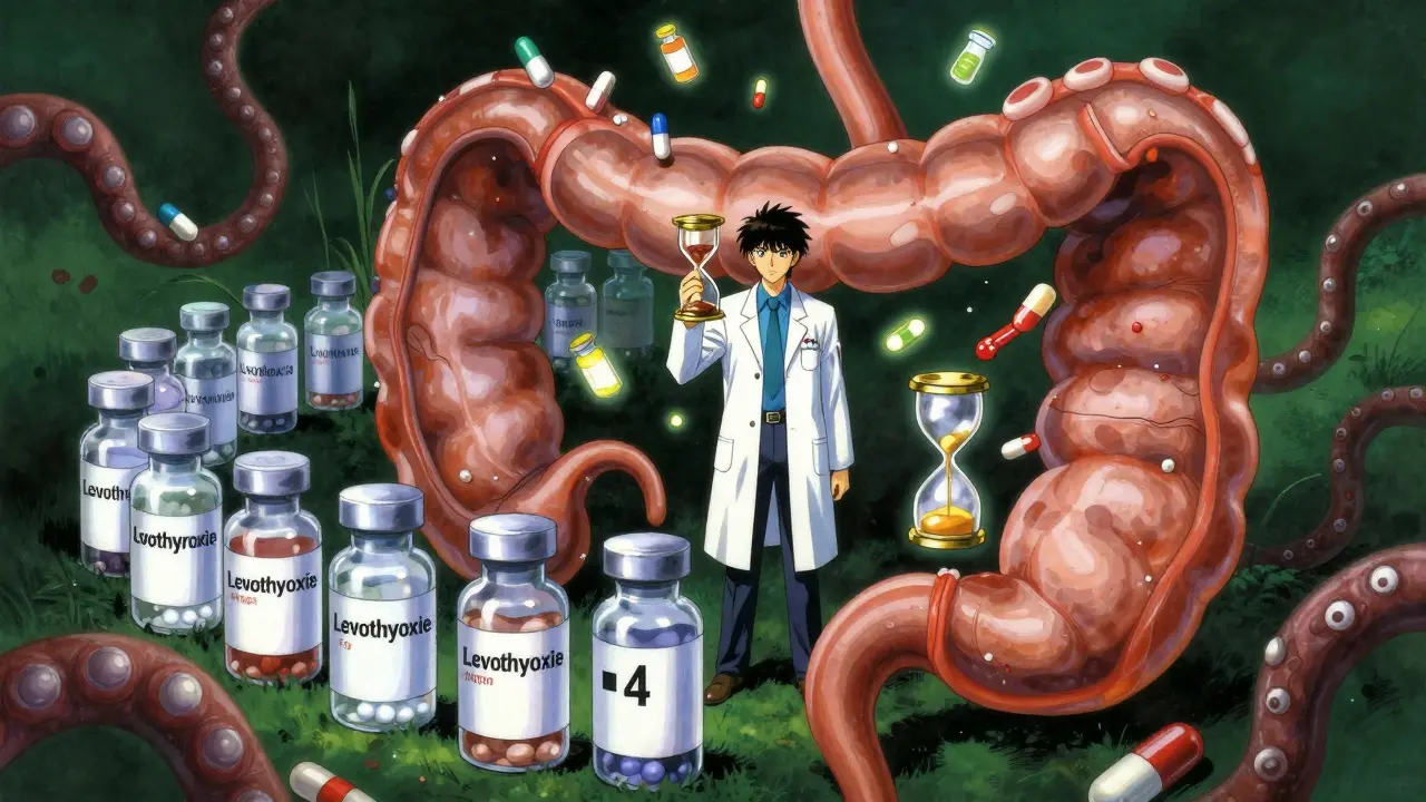 A surreal battle in the gut between thyroid meds and magnesium, with an hourglass marking the 4-hour separation rule.