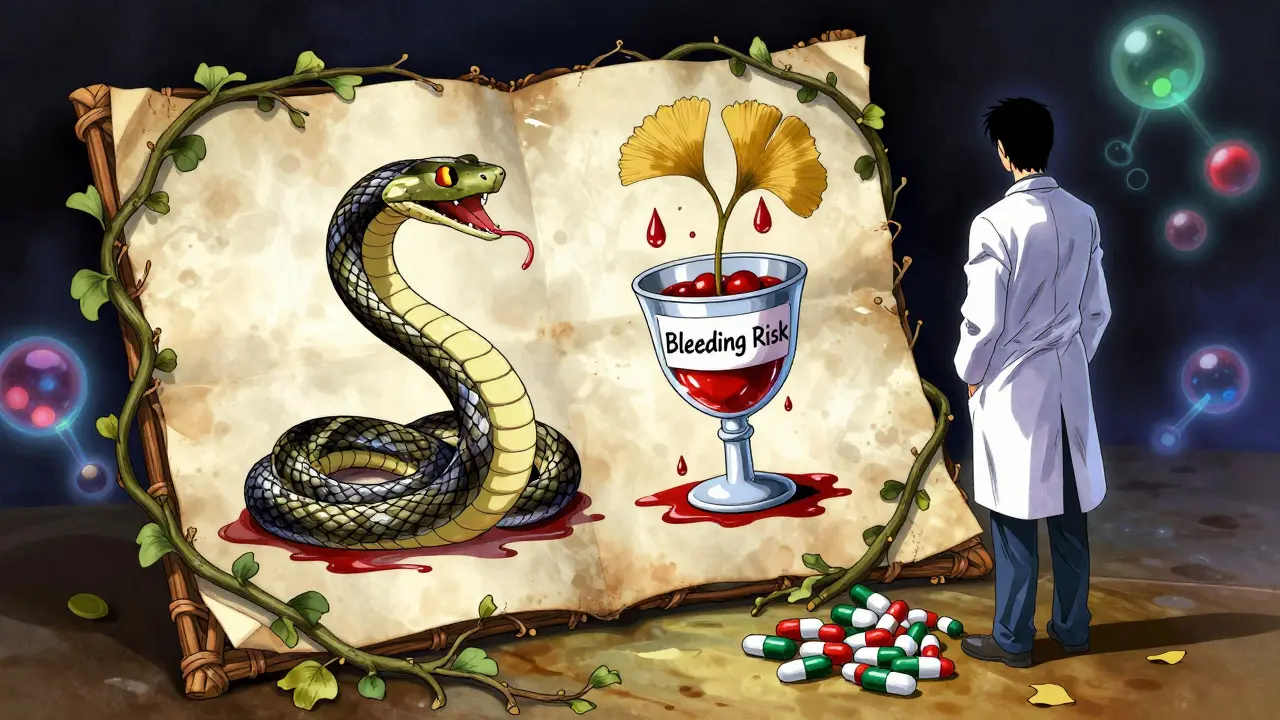 A vine-and-ink medical chart with serpents of warfarin and ginkgo bleeding into a chalice, surrounded by glowing enzymes.