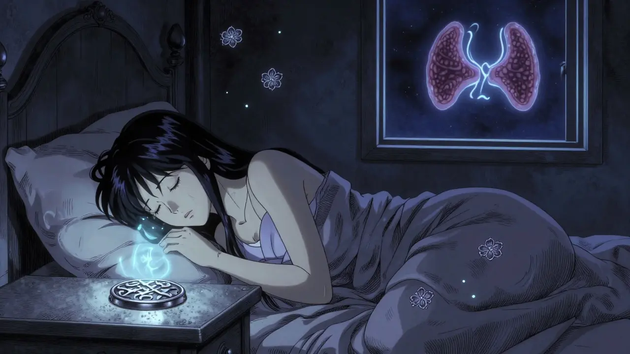 A woman sleeps as a delicate magnesium glyph glows above her bedside, releasing calming light, representing safe nighttime supplementation.