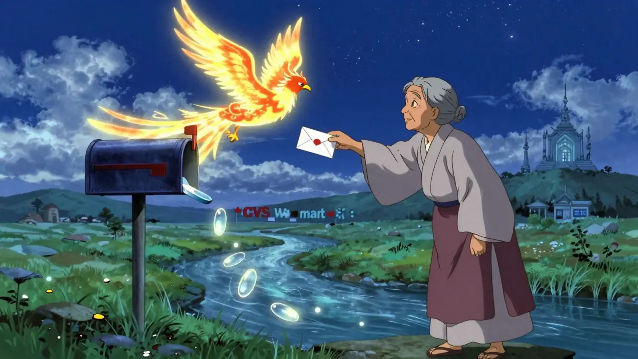 An elderly woman drops a mail-back envelope into a mailbox that transforms into a glowing phoenix under a starry sky.