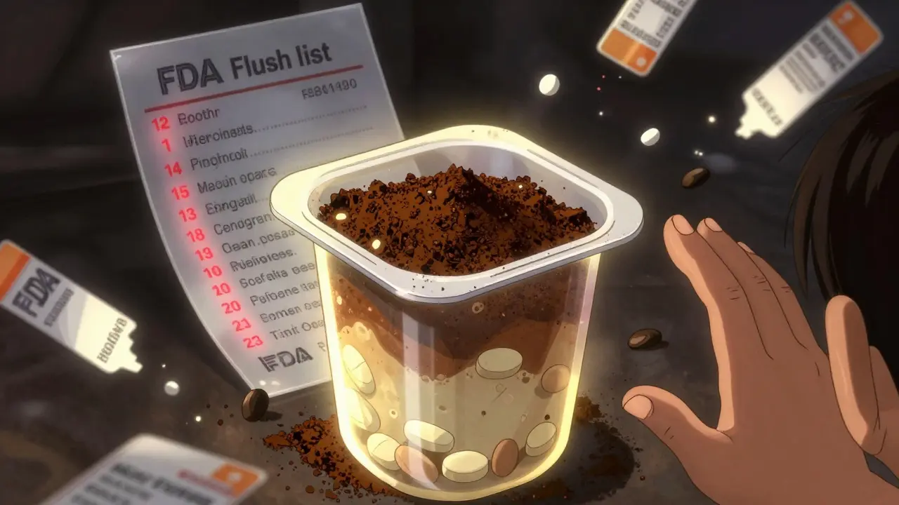 Crushed pills mixed with coffee grounds in a sealed container, surrounded by dissolving prescription labels and a glowing FDA Flush List.