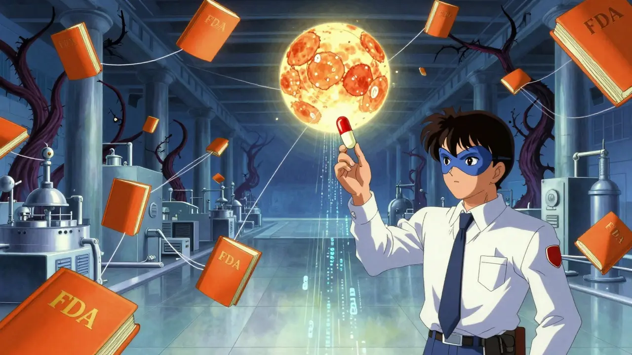 Floating orange books emitting light to global factories, an inspector holding a dissolving pill as patent vines loom in shadow.