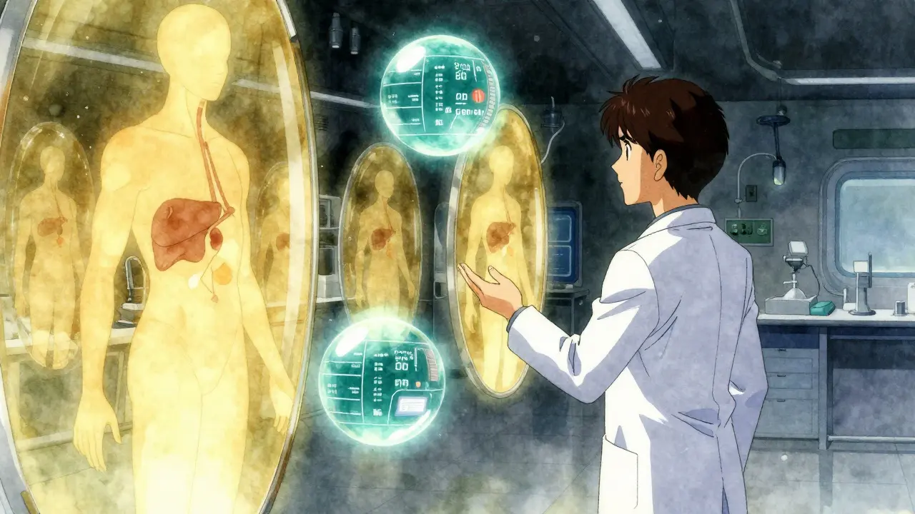 Futuristic medical analyst observing glowing biomarker data projections in lab