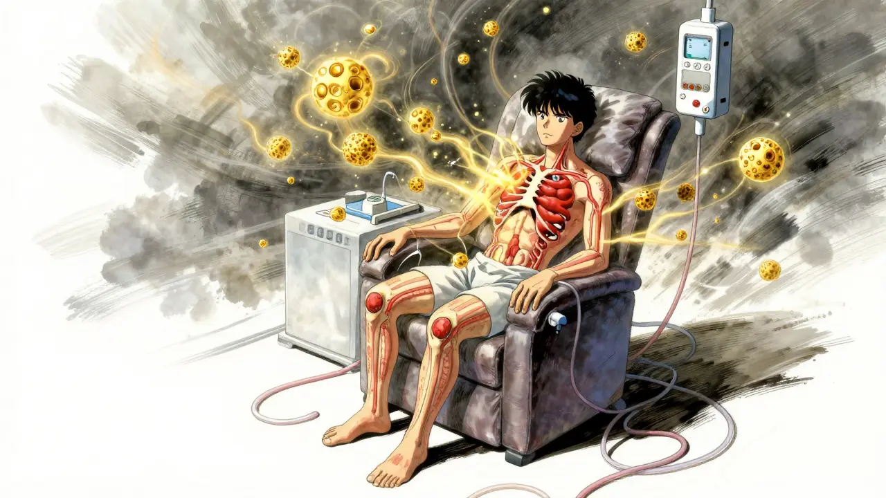 Patient receiving infusion with floating energy particles